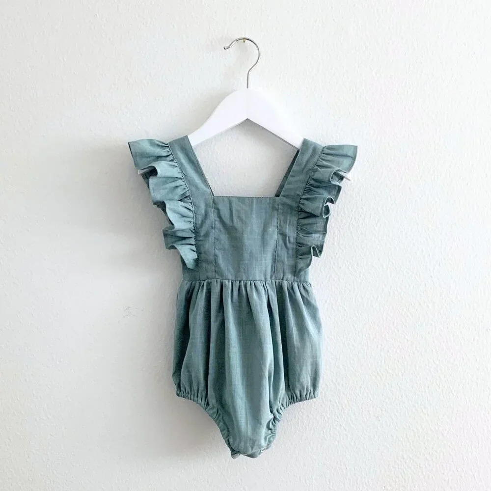 NWT Cute Girls Linen Romper Cute Baby Bubble Bohemian Boutique Ocean Blue 18-24M